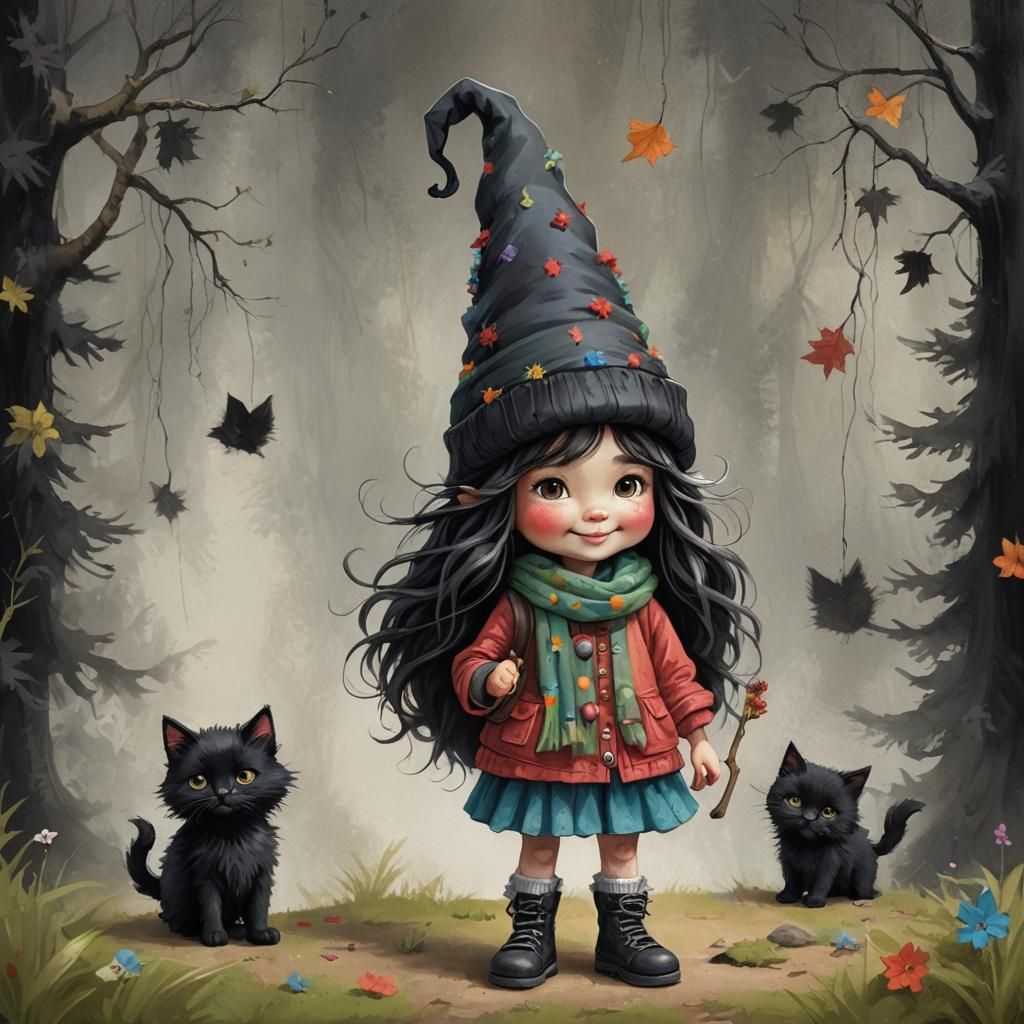 Whimsical Gnome Girl with Kitten Illustration