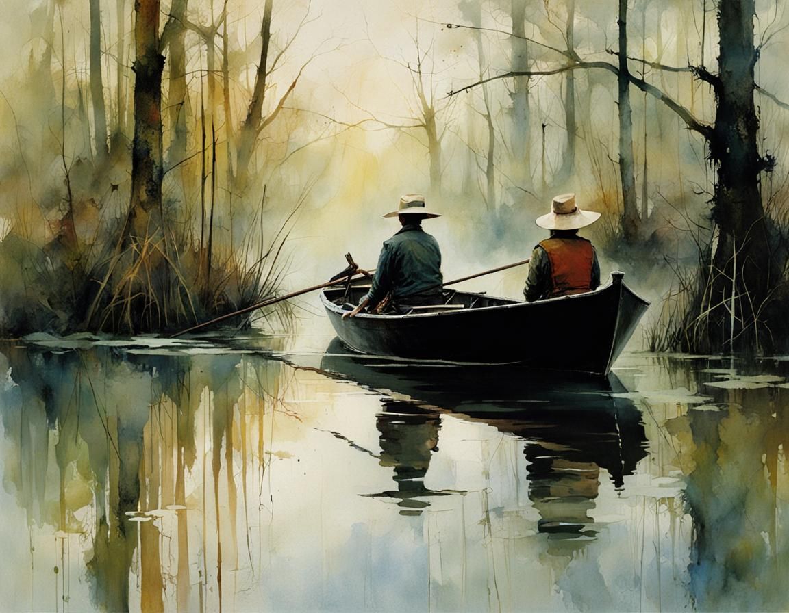 Swamp Boat Scene Inspired by Surrealist Art
