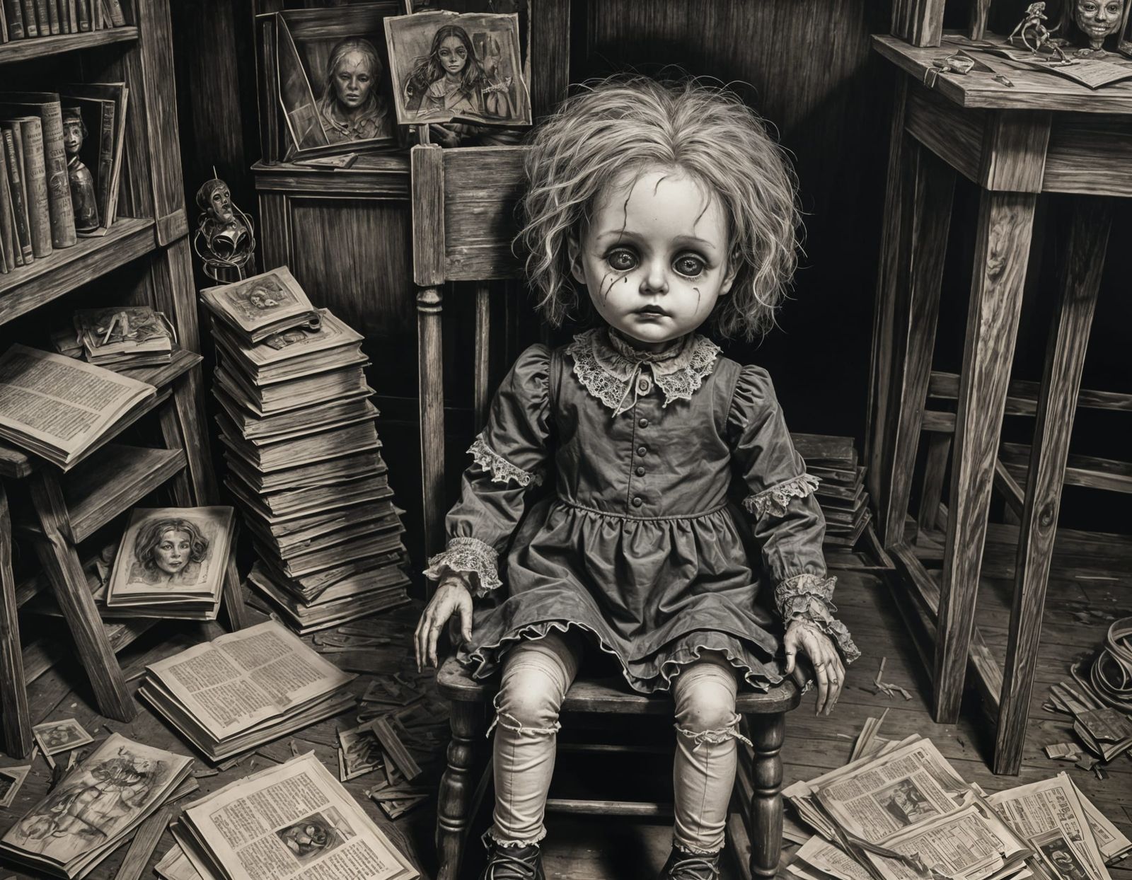 Cursed Doll in Dimly Lit Room: A Charcoal Drawing