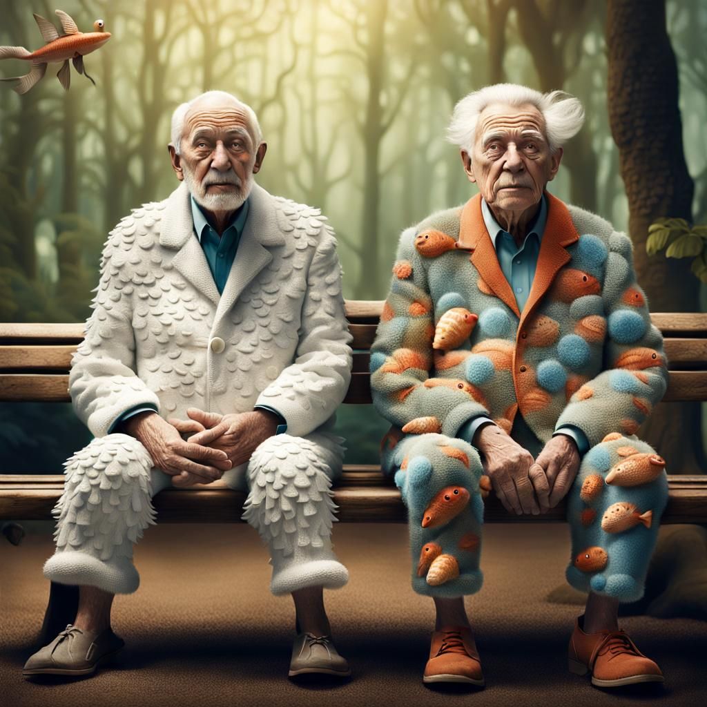 Surreal Park Scene with Men in Pajamas