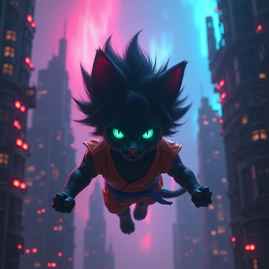 Humanoid Cat Floats in Dystopian Neon City