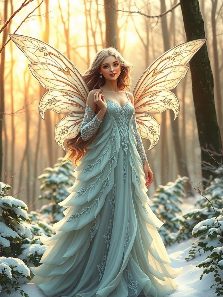 Snow Fairy in Winter Wonderland, Pre-Raphaelite Style