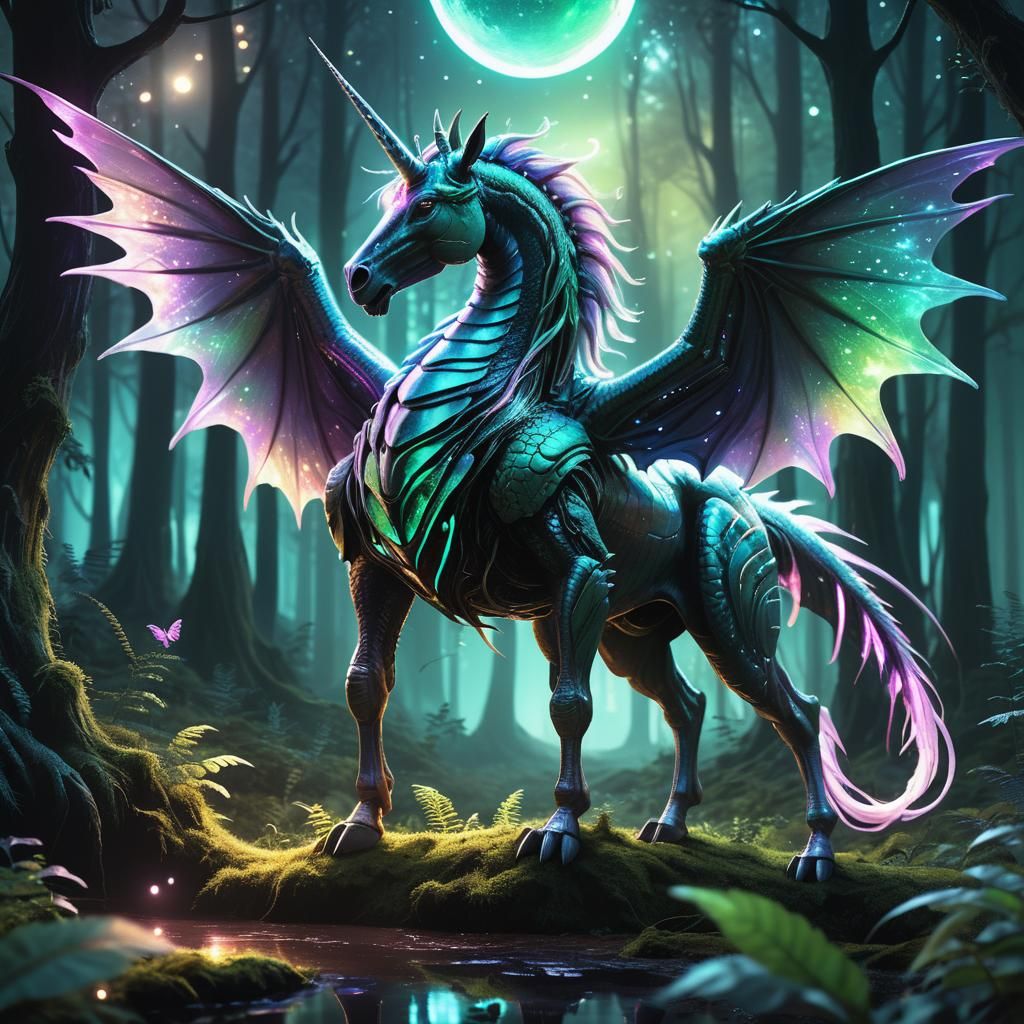 Unicorn-Dragon Alien Examines Wings on Exoplanet