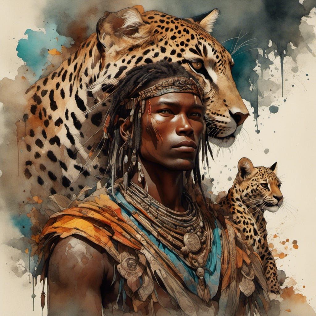 Zulu Warrior and Leopard in Romantic Watercolor Style