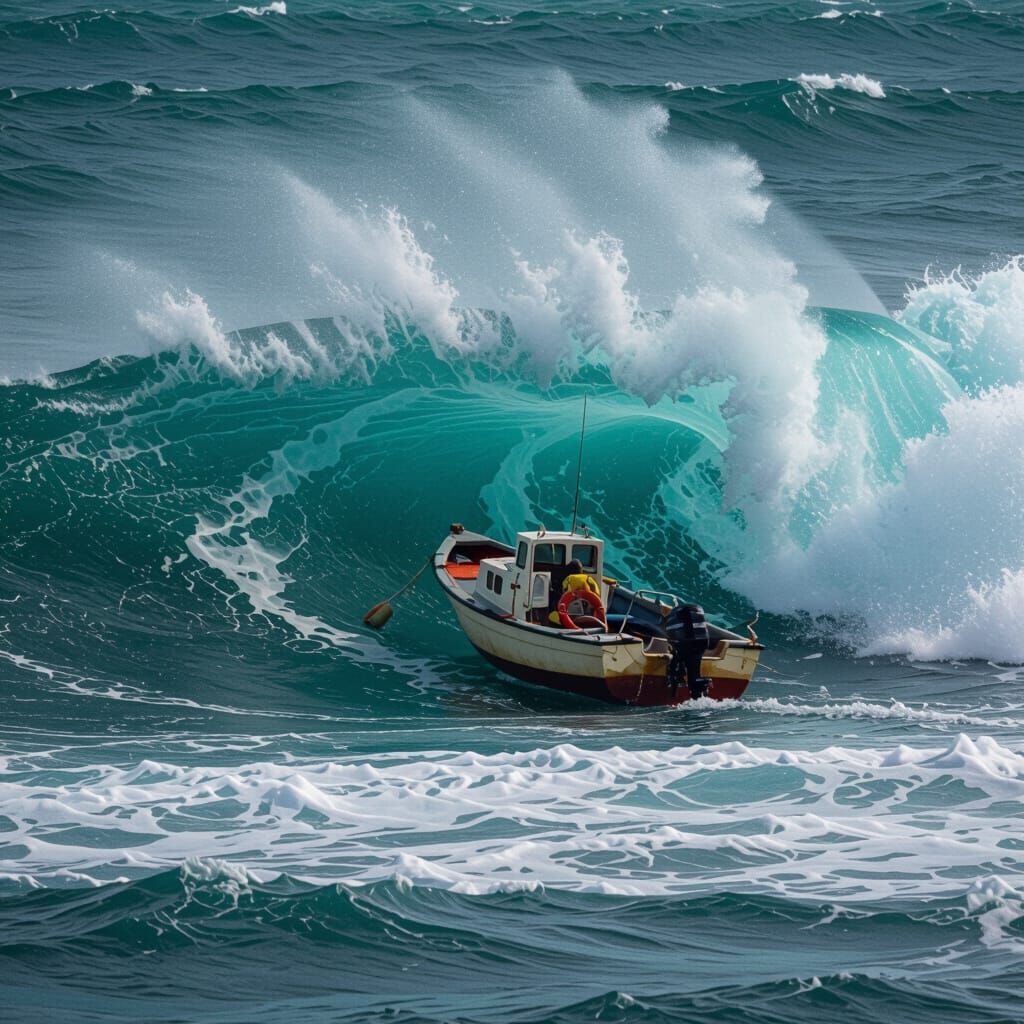 Tiny Boat Battles Colossal Turquoise Wave
