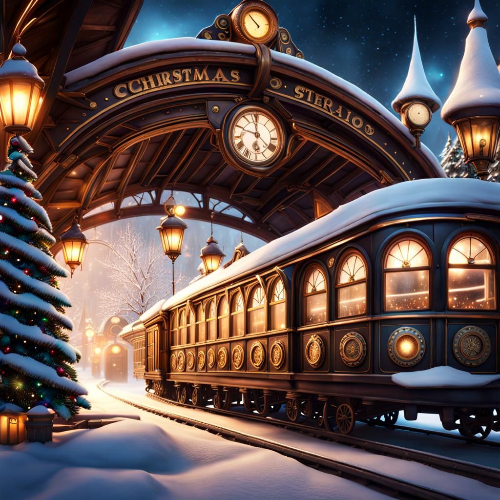 Steampunk Christmas Train Station in Winter Wonderland