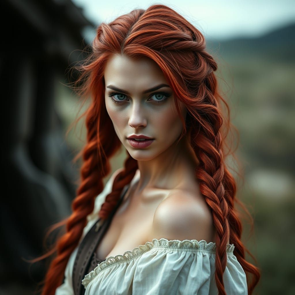 Viking Supermodel in Crimson Hair and Viking Attire
