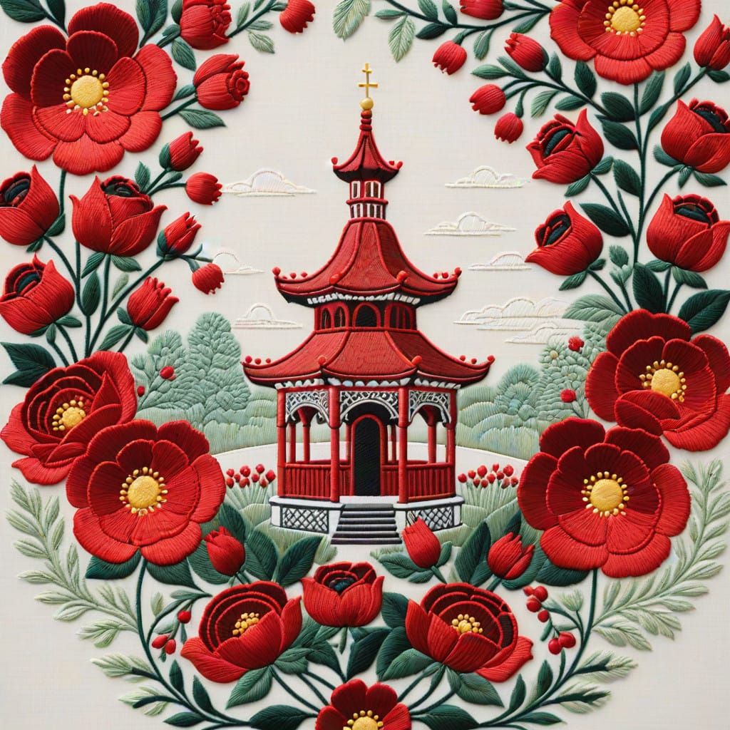 Serene Cherry Wood Gazebo in Red and White Embroidery