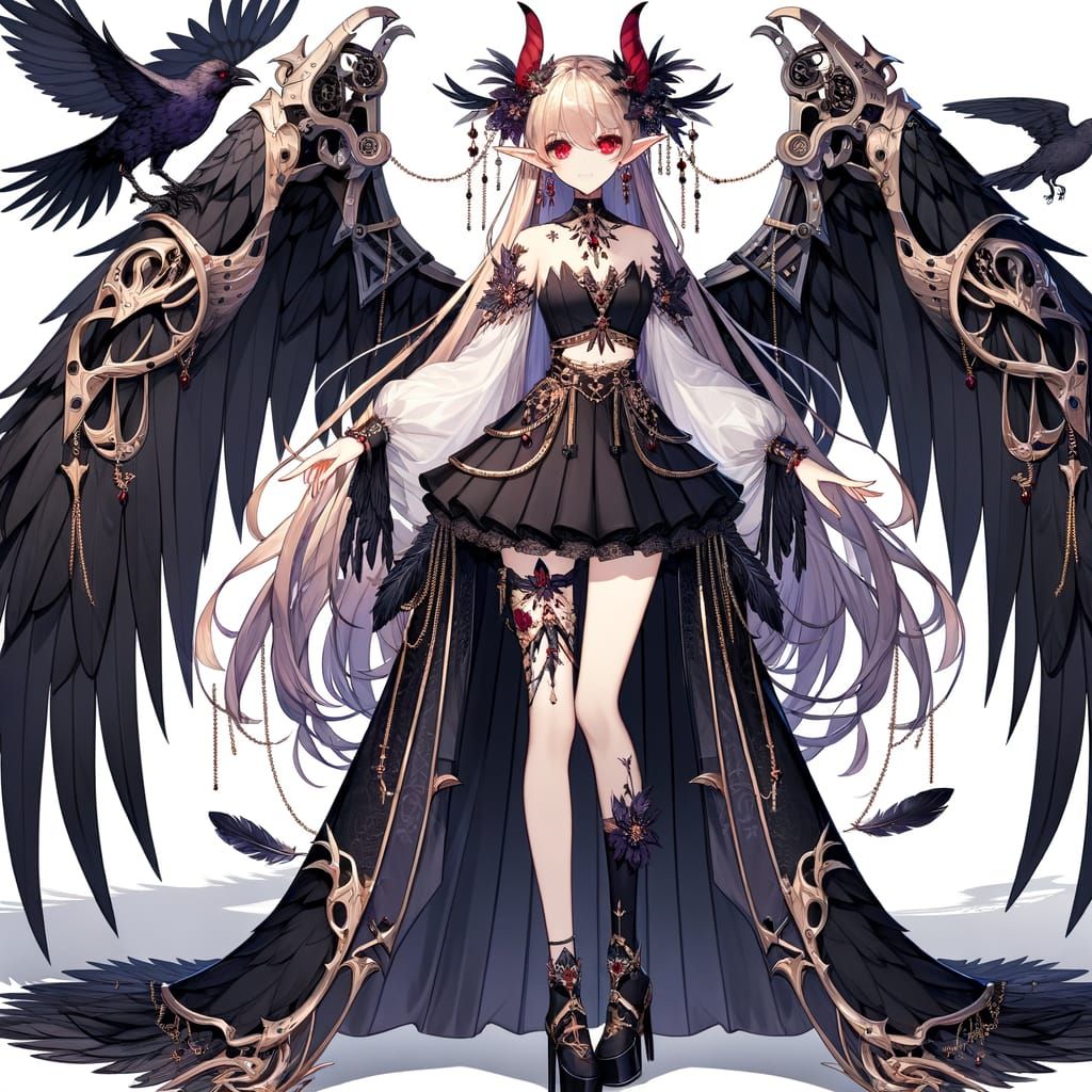 Regal Anime Crow Queen with Mechanical Wings