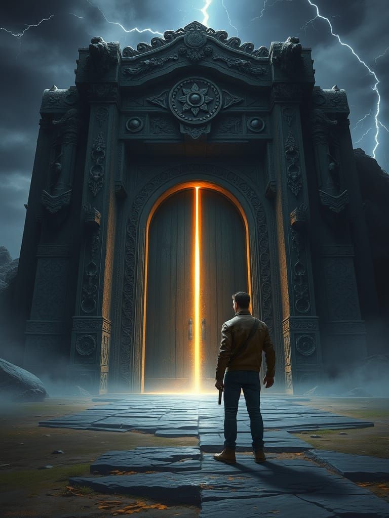 Ancient Doorway with Figure in Sci-Fi Landscape