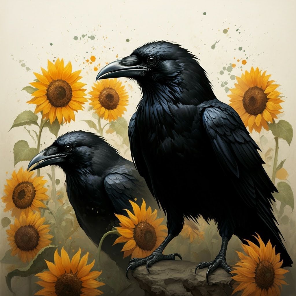 Black Crows Feast on Sunflowers: Fine Art Illustration