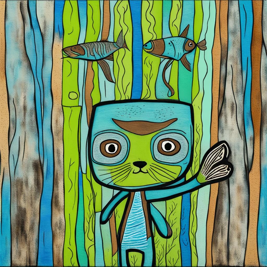 Upright Otter Holding Fish in Art Brut Style