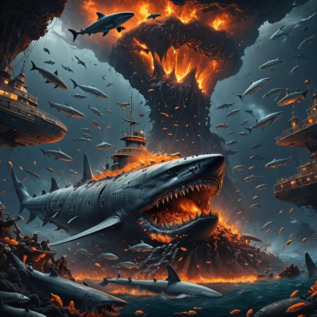 Underwater Volcano Shark Frenzy in Sci-Fi Style