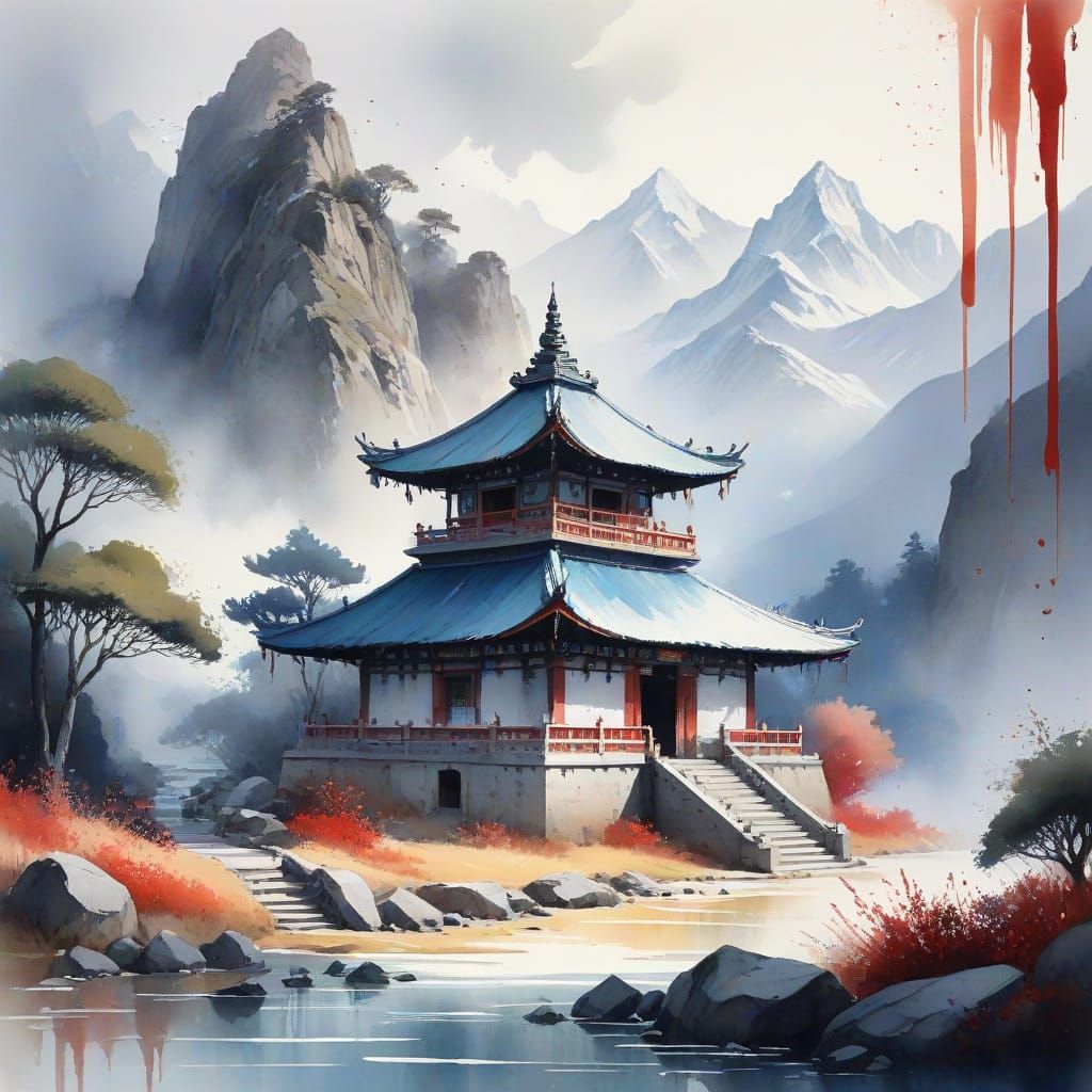 Serene Himalayan Temple in Watercolour