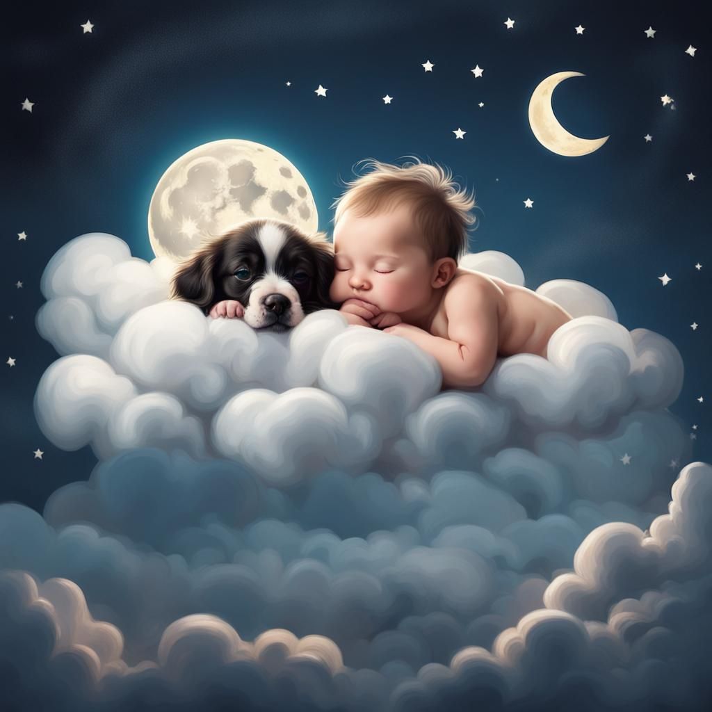 Baby and Puppy Sleeping Under Moonlit Sky