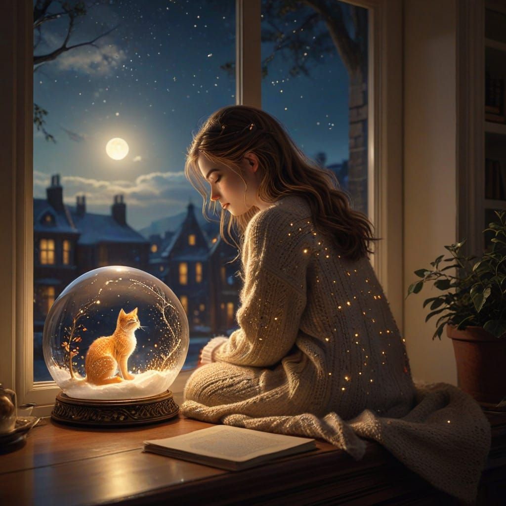 A Gentle Girl Gazes at the Night Sky in a Glass Christmas Ba...