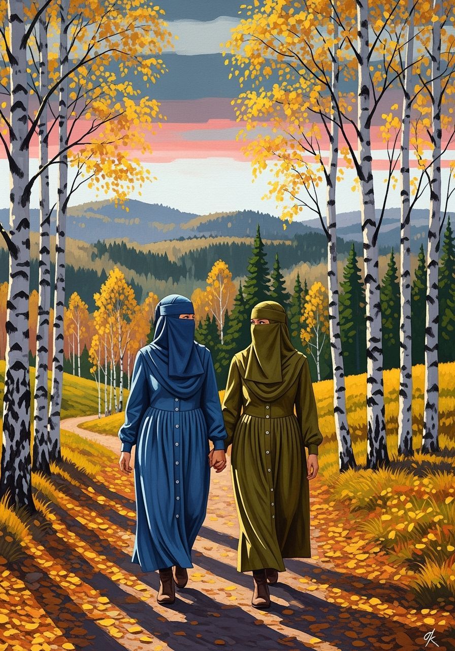Women in Niqabs Walk Through Autumnal Swedish Forest