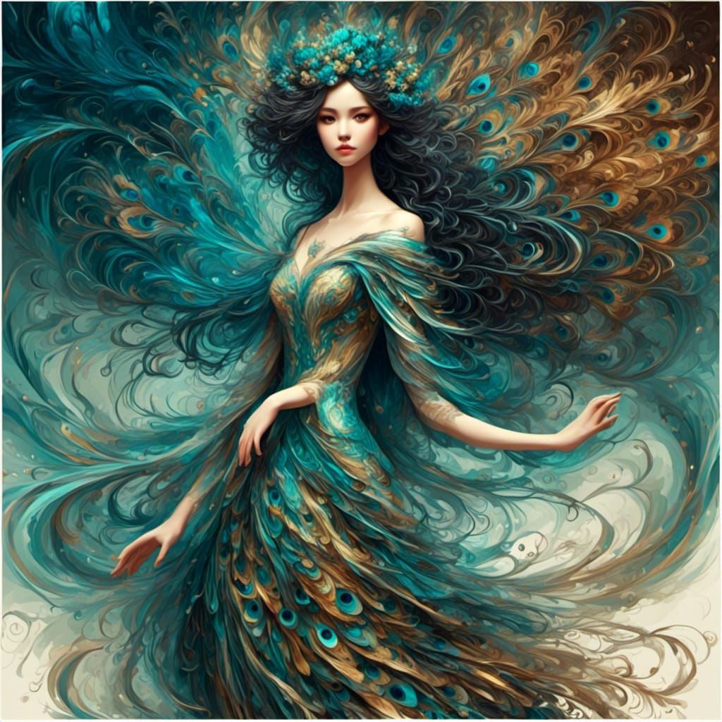 Girl in Iridescent Peacock Gown with Intricate Details