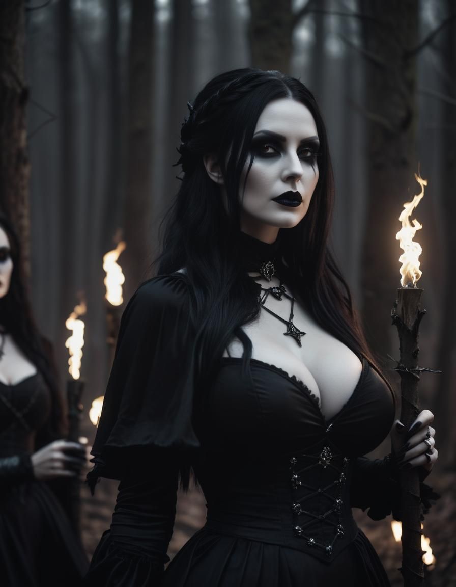 Gothic Women with Torches in Dark Forest