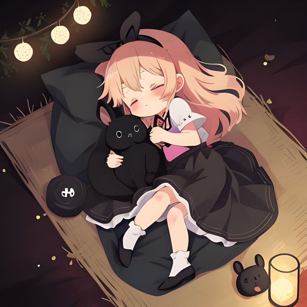 Cute Black Rabbit Sleeping, Anime Style