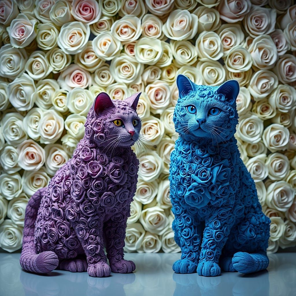 Regal Felines Amidst a Floral Backdrop in Hyperrealistic, Hi...