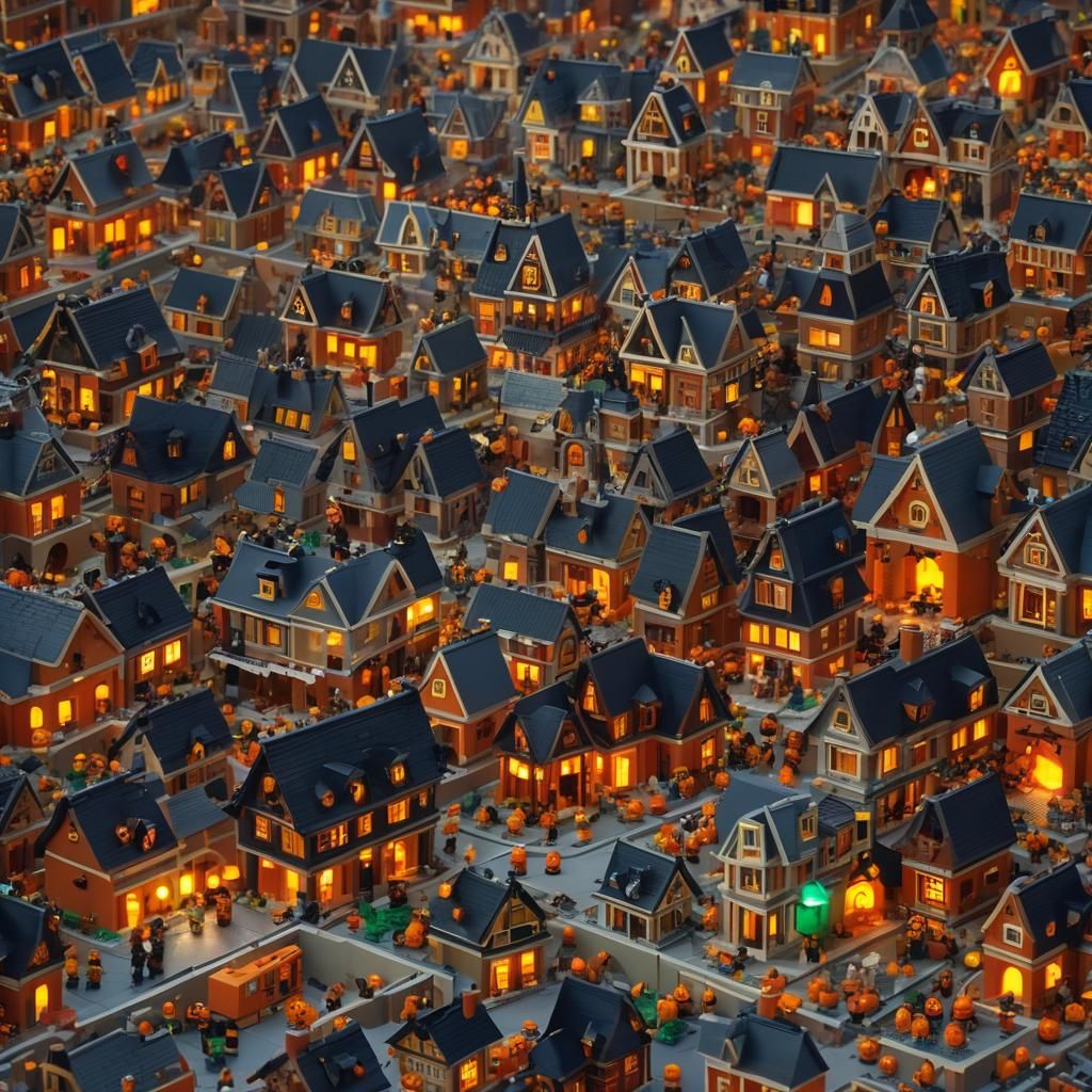 Halloween Lego City in Cinematic Digital Art Style