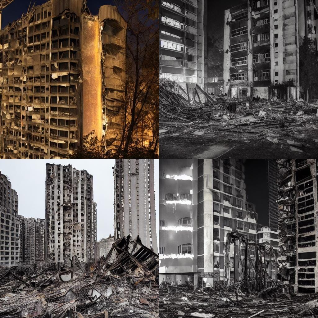 Burnt Skyscraper Ruins at Night