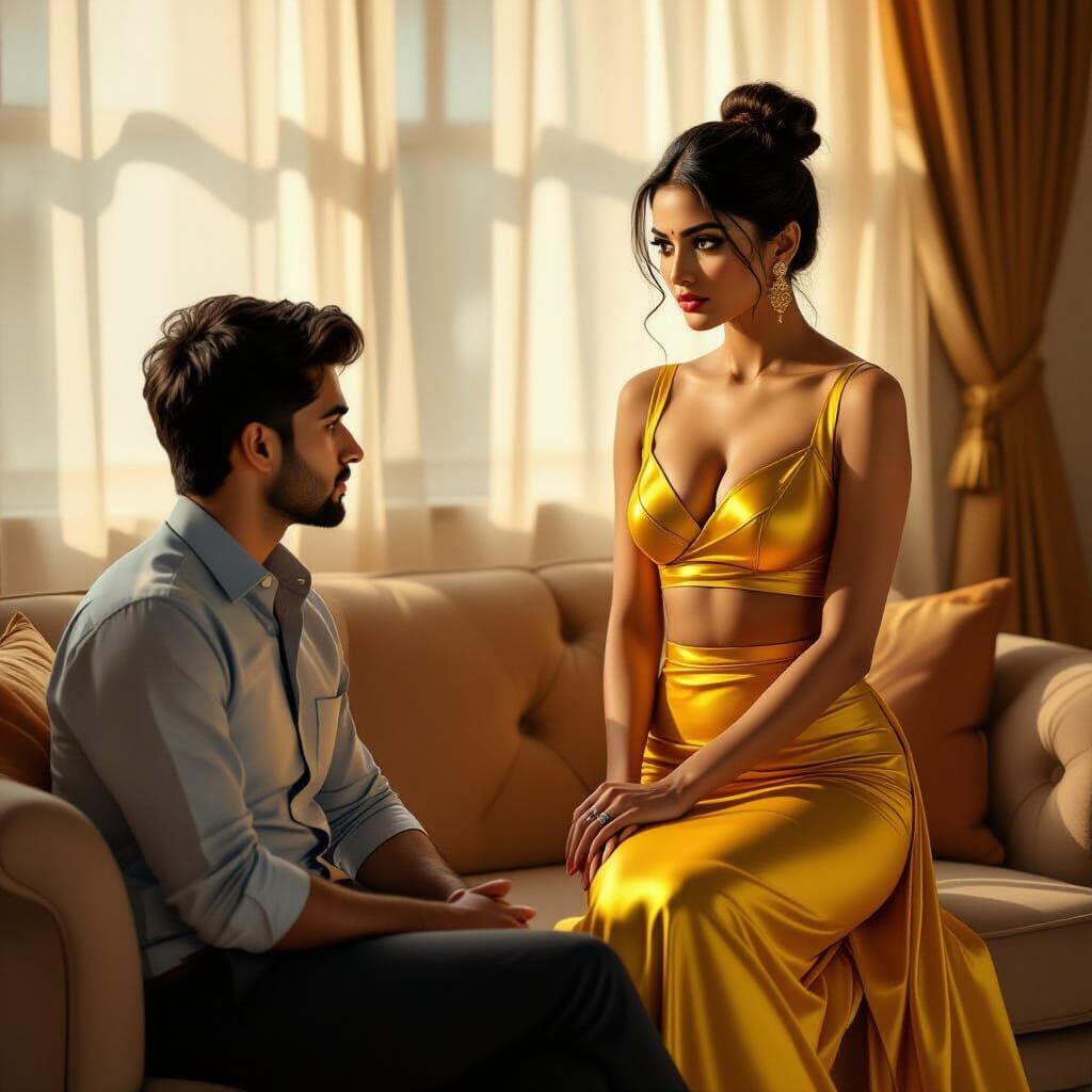 Indian Woman in Yellow Poses on Sofa in Golden Hour Light