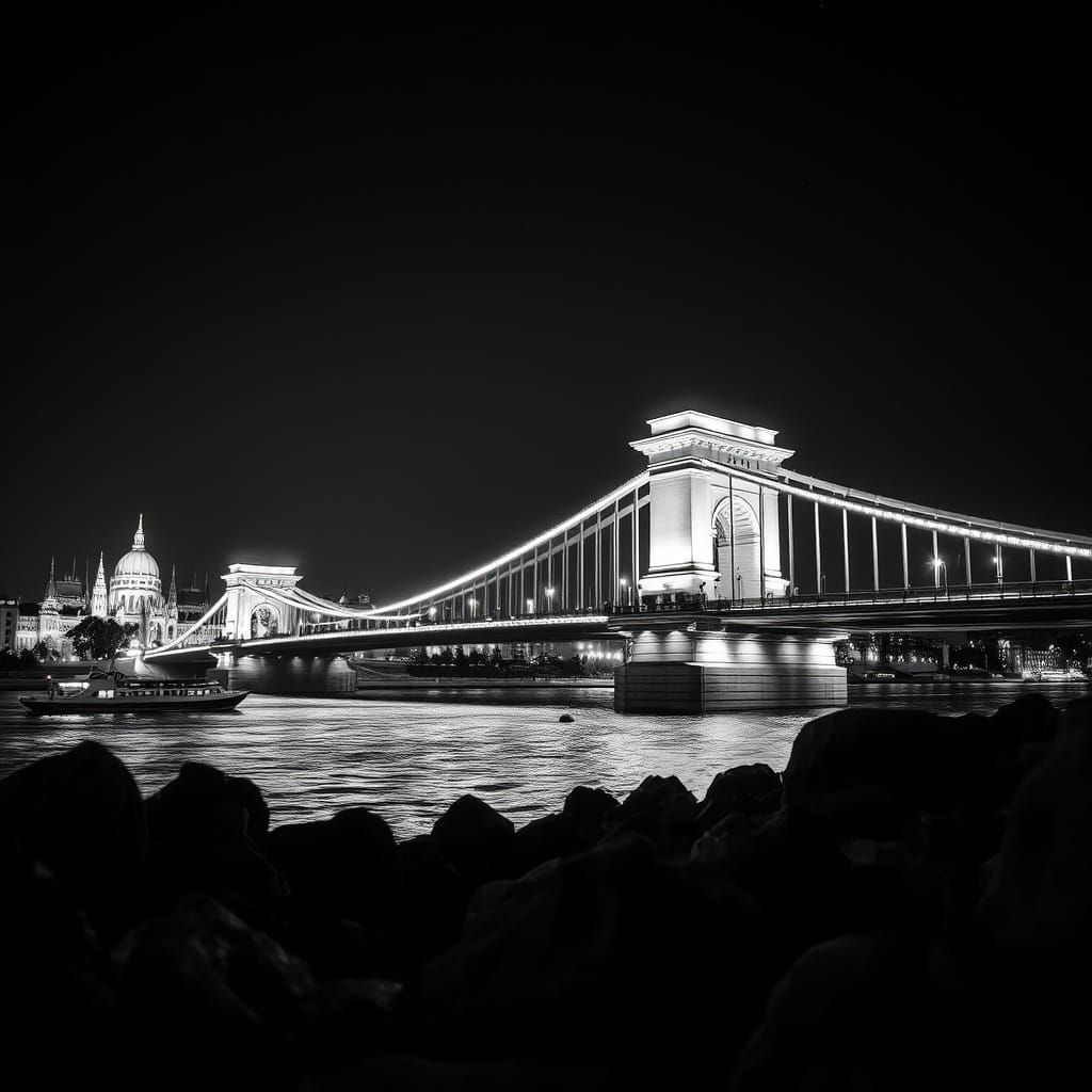 Grand Budapest Bridge at Night in Monochrome