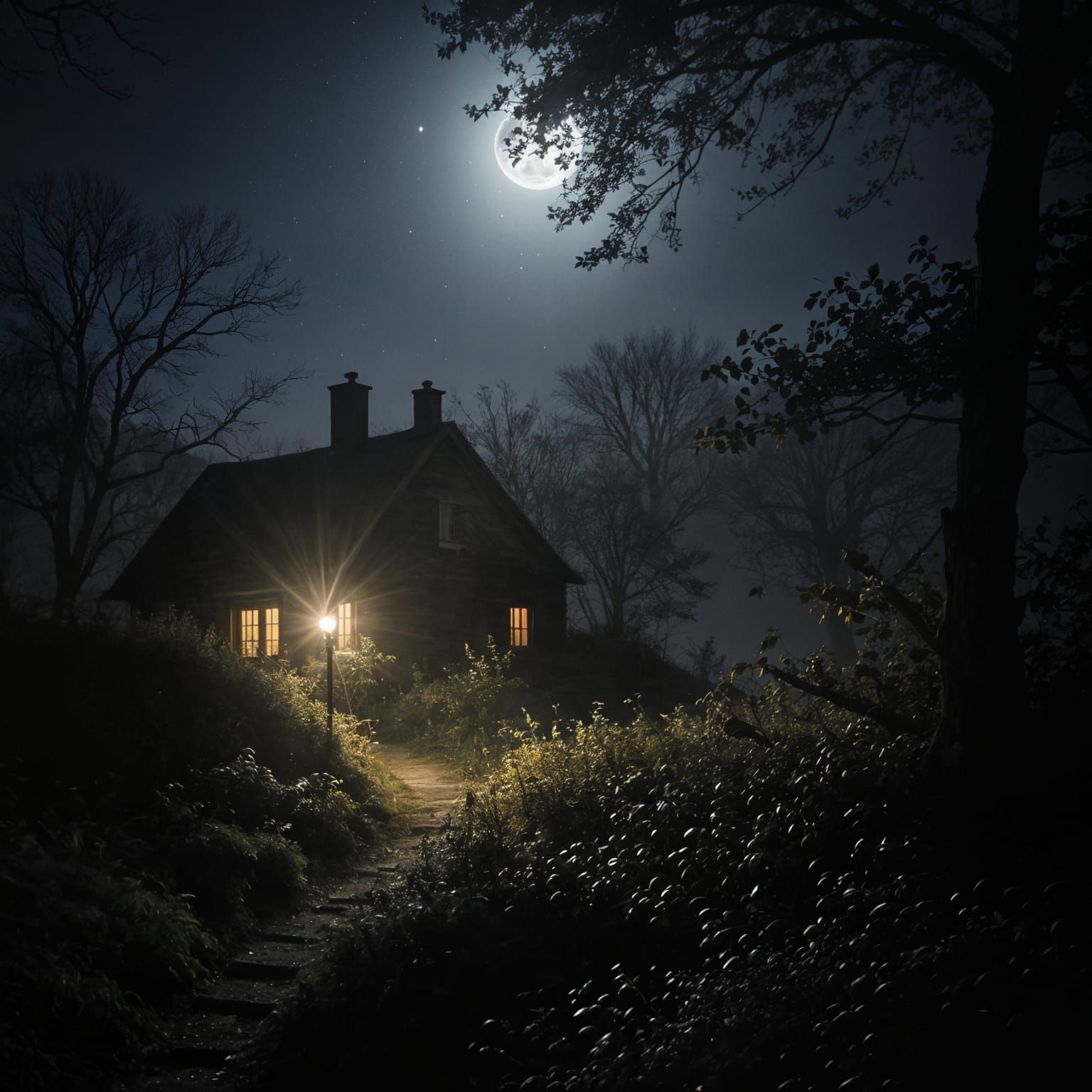Moonlit Path to Distant Cottage in Autumn