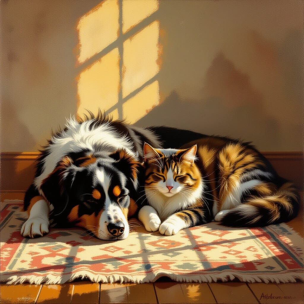 Serene Companionship: Dog and Cat in Golden Hour