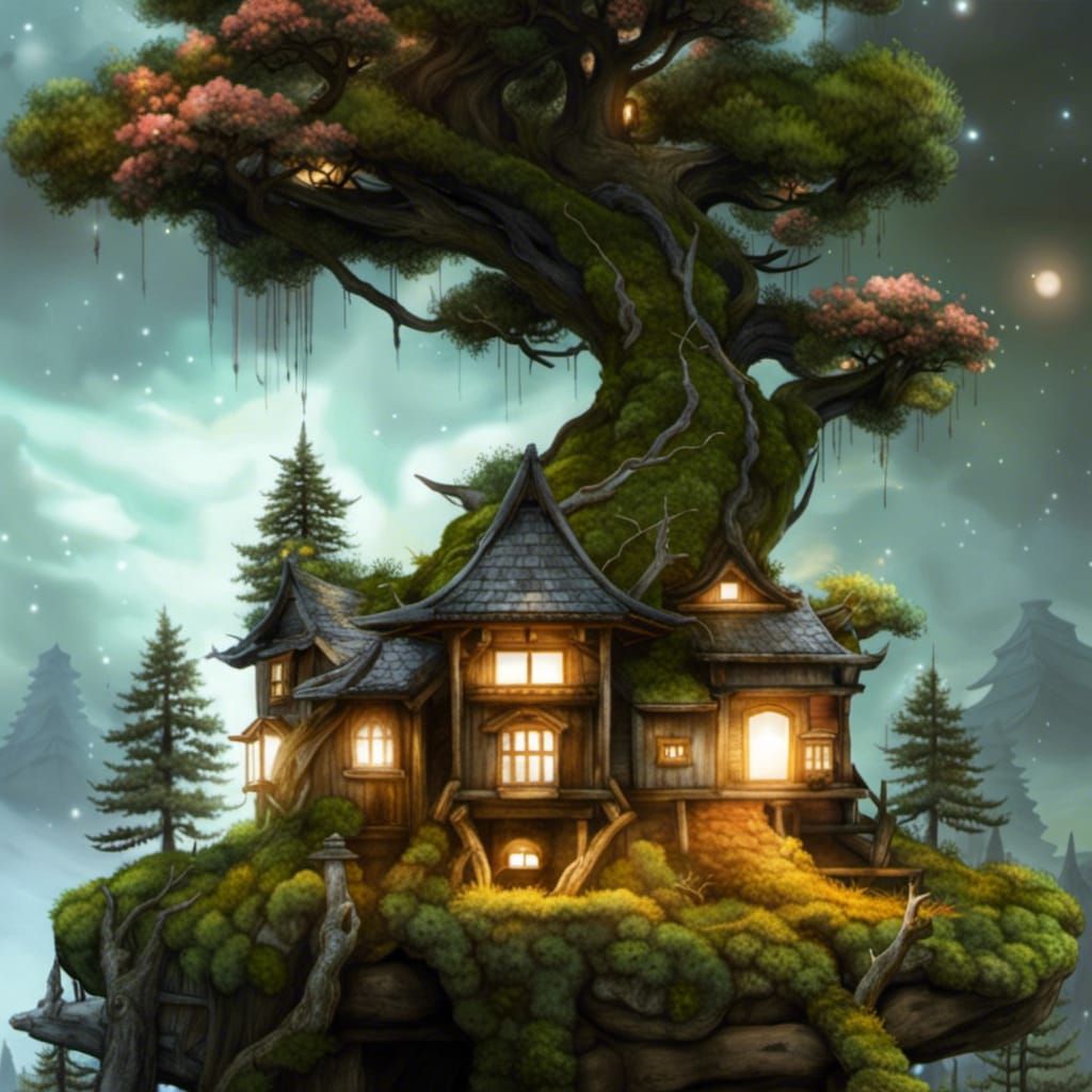 Enchanted Bonsai Village with Starry Sky