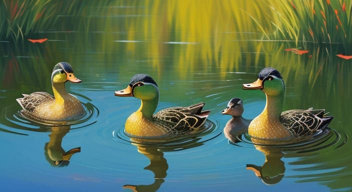 Three Ducks Swimming in Pond Oil Painting
