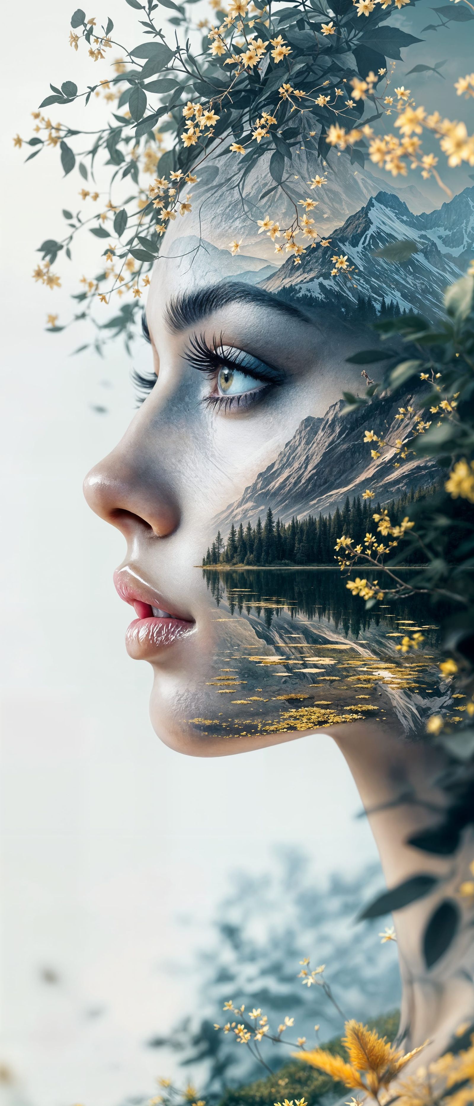 Double Exposure Portrait: Woman and Mountain Landscape
