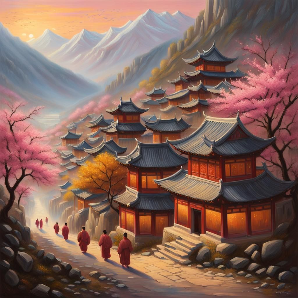 Chinese Temple Village Oil Painting at Sunset