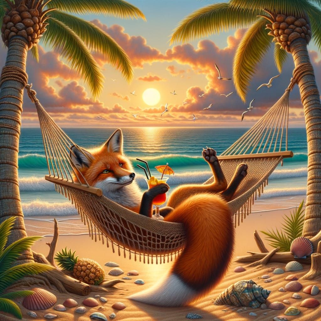Fox in Hammock: Hyperrealistic Tropical Beach Sunset