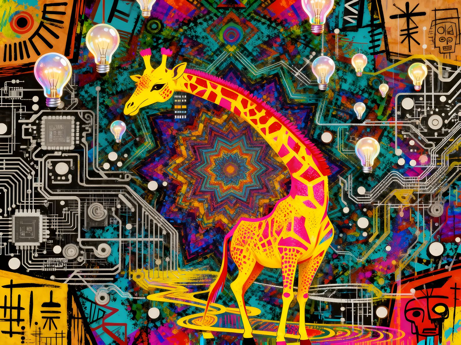 Colorful Giraffe with Ideas and Circuits, Primitivist Charco...