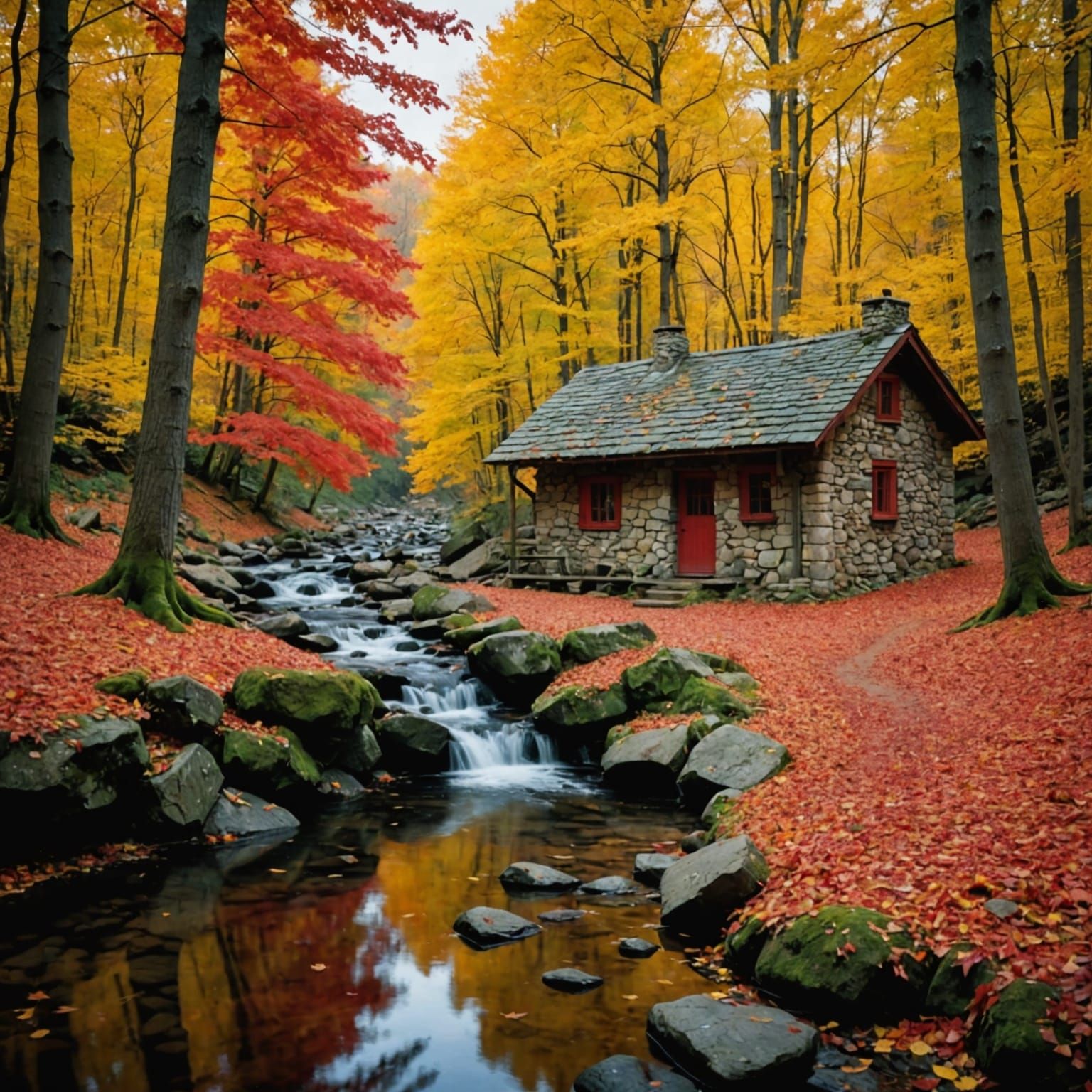 Autumn Leaves Swirl Over Stone House