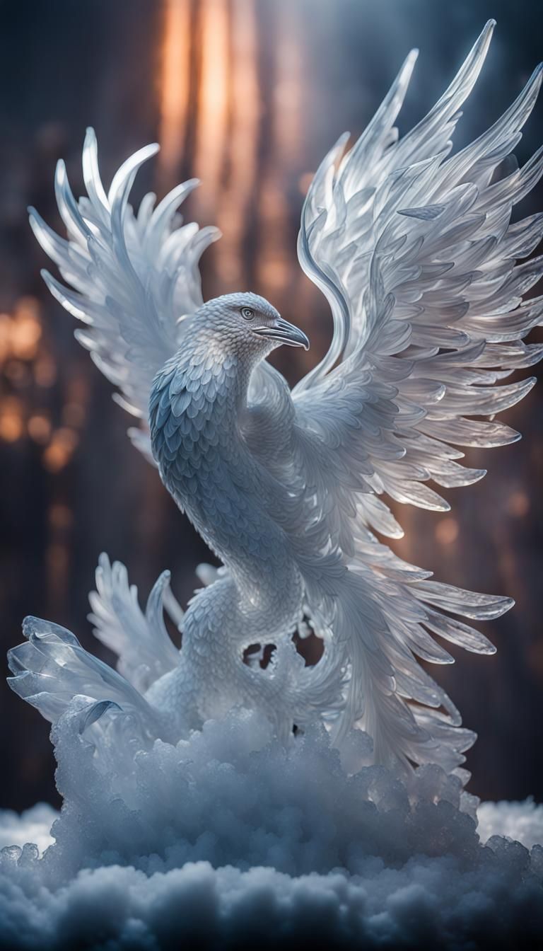 Shimmering Crystal Ice Phoenix Sculpture in Fog