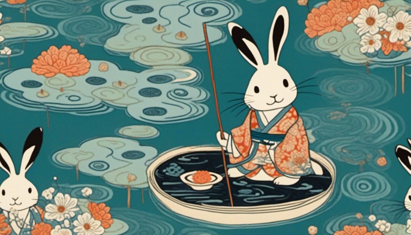 Rabbit Tea Ceremony in Ukiyo-e Style