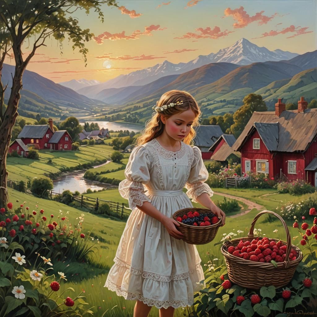 Girl in Raspberry Field: Oil Painting