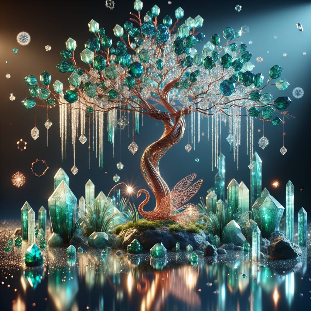 Luminous Crystal Willow Tree of Life in Teal and Copper