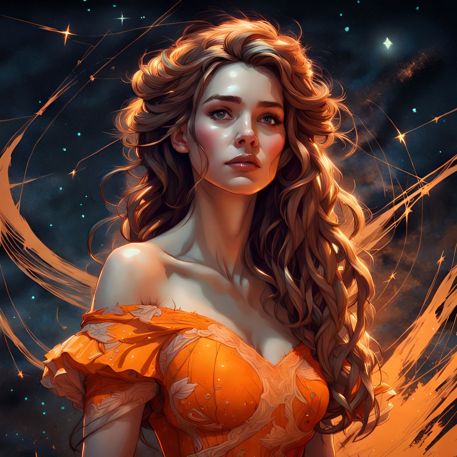 Princess Belle Portrait in Orange Dress, Digital Art