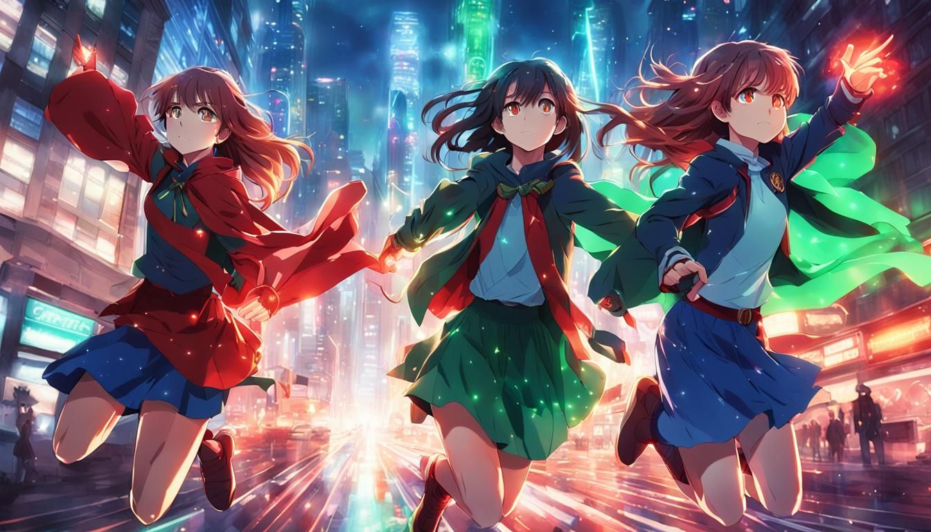 Anime Teenage Magic Users Flying in City