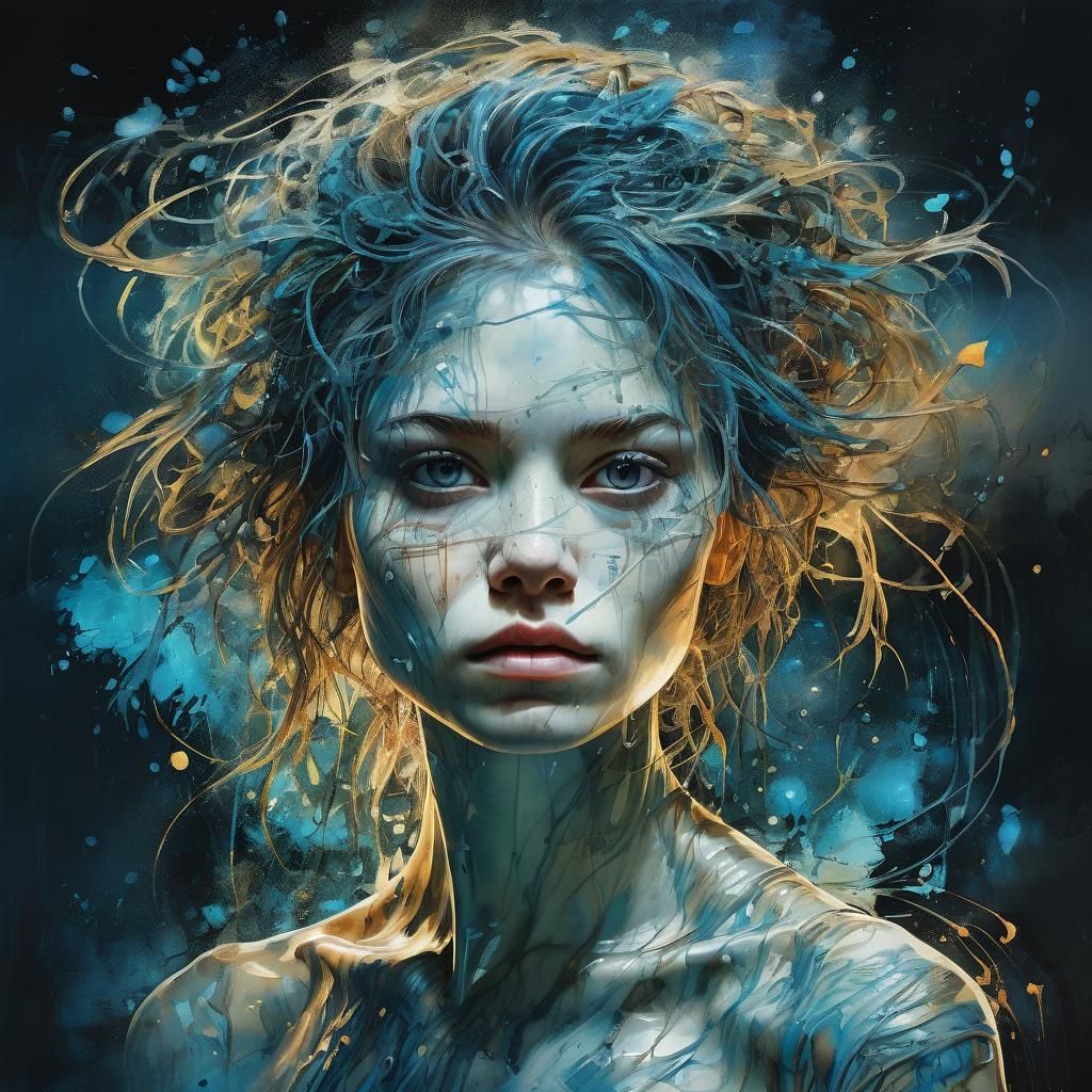 Bioluminescent Watercolor Portrait with Double Exposure Effe...