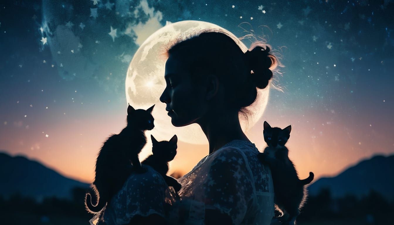 Woman Silhouette Double Exposure With Kittens and Starry Sky