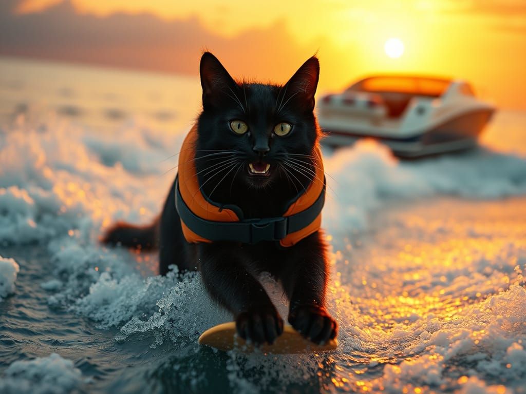 Epic Waterskiing Feline in Cinematic Film Style