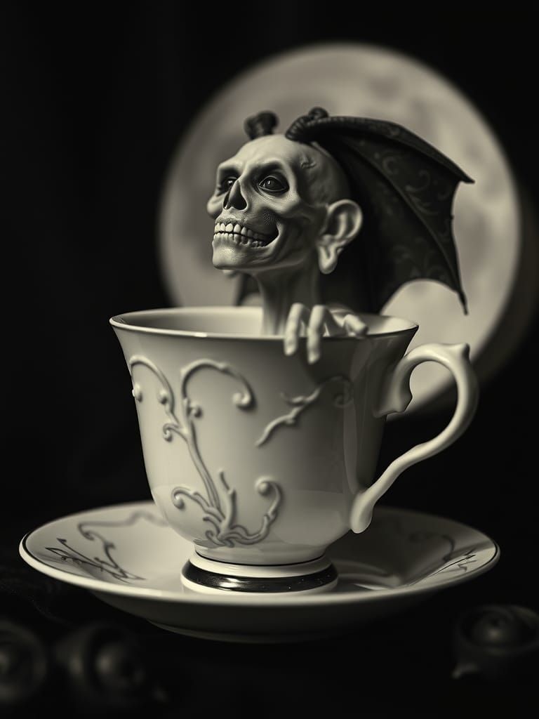 Brooding Vampire in Teacup, Gloomy Photography