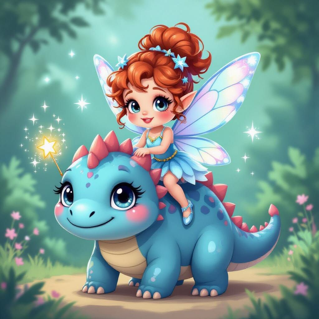 Kawaii Fairy Rides Chubby Dinosaur in Magical Sparkle Scene
