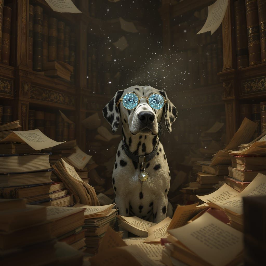 Dalmatian in Dusty Library with Sea Glass Spectacles